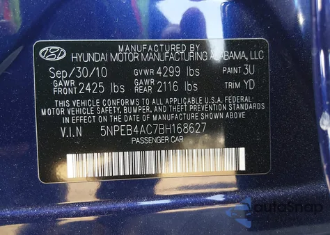 2011 Hyundai Sonata Gls from USA, damaged, VIN 5NPEB4AC7BH168627